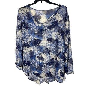 Avenue Blue Floral Sheer Long Sleeve Asymmetrical Hem Tunic 22/24 Flowy Top